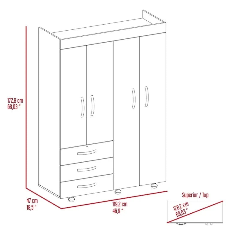 Armoire mobile Denver avec tringles, armoire à double porte, 3 tiroirs et 2 étagères - N/A