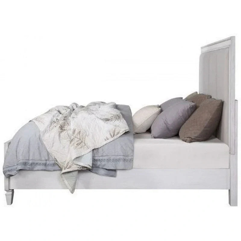 Lit Queen avec rembourrage en tissu capitonné, blanc et gris