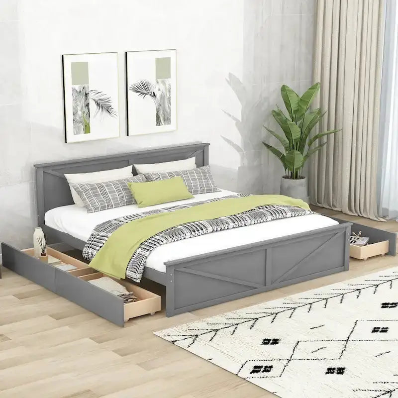 Lit plateforme King Size avec quatre tiroirs de rangement et pieds de support