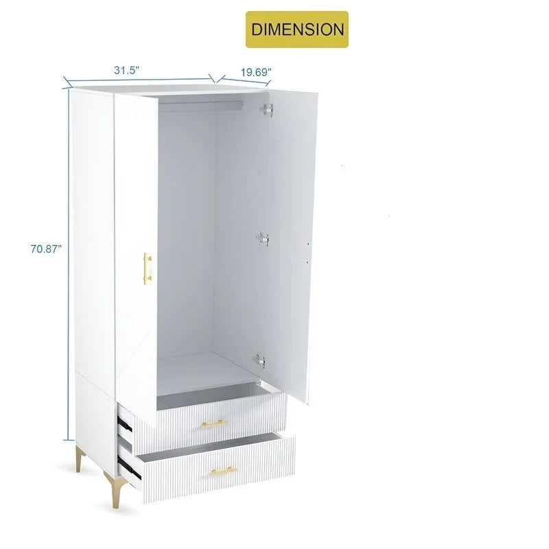 2 Door 2 Drawers, White Armoires, Wardrobe Cabinet, Suitable for Wardrobes in Bedrooms, Offices