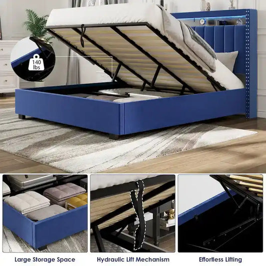 Lit coffre King Size avec vérins à gaz et éclairage LED RF, tête de lit de rangement, velours King Size