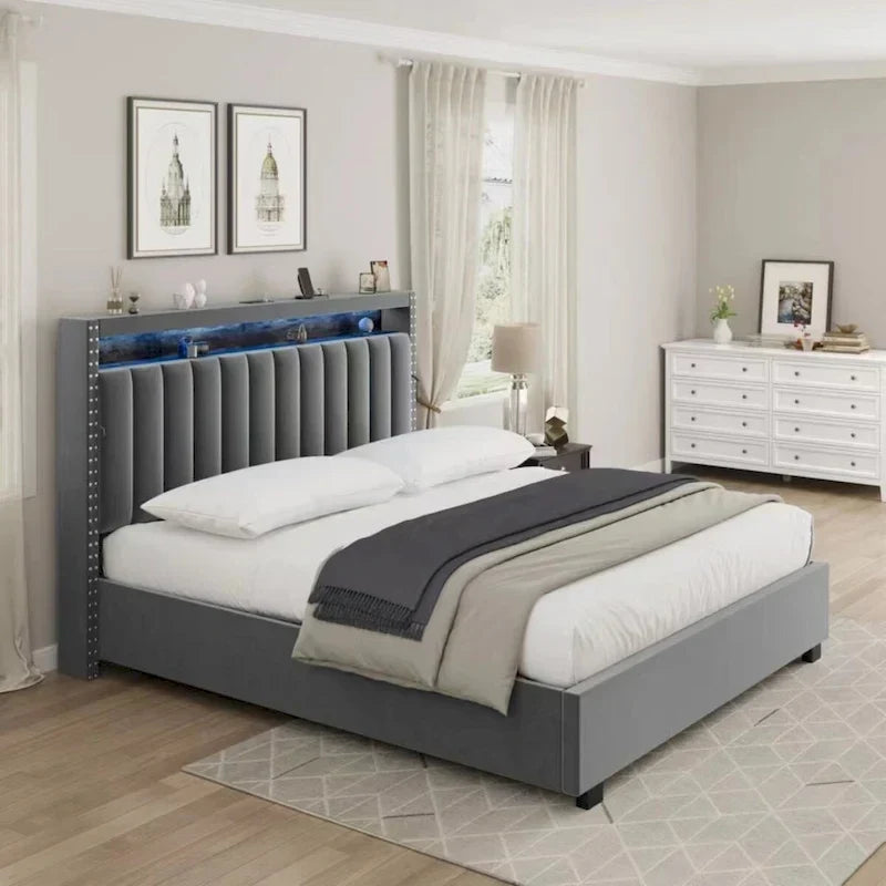 Lit coffre King Size avec vérins à gaz et éclairage LED RF, tête de lit de rangement, velours King Size