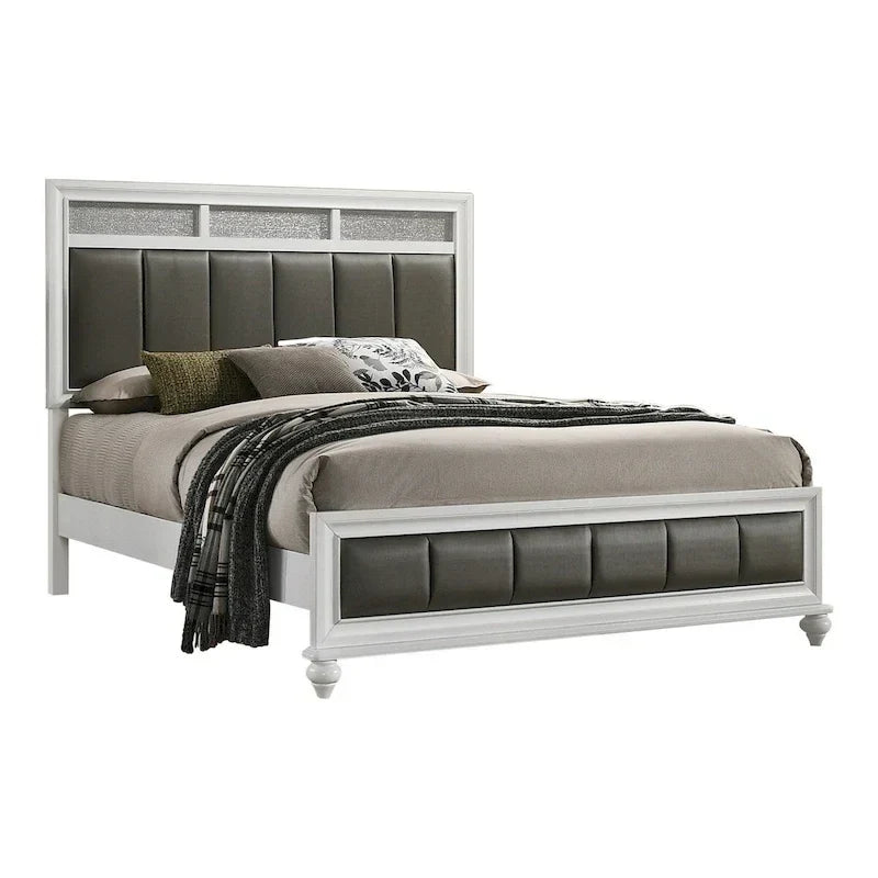 Lit à panneau Dini Queen, tête de lit scintillante, revêtement en tissu matelassé gris métallisé