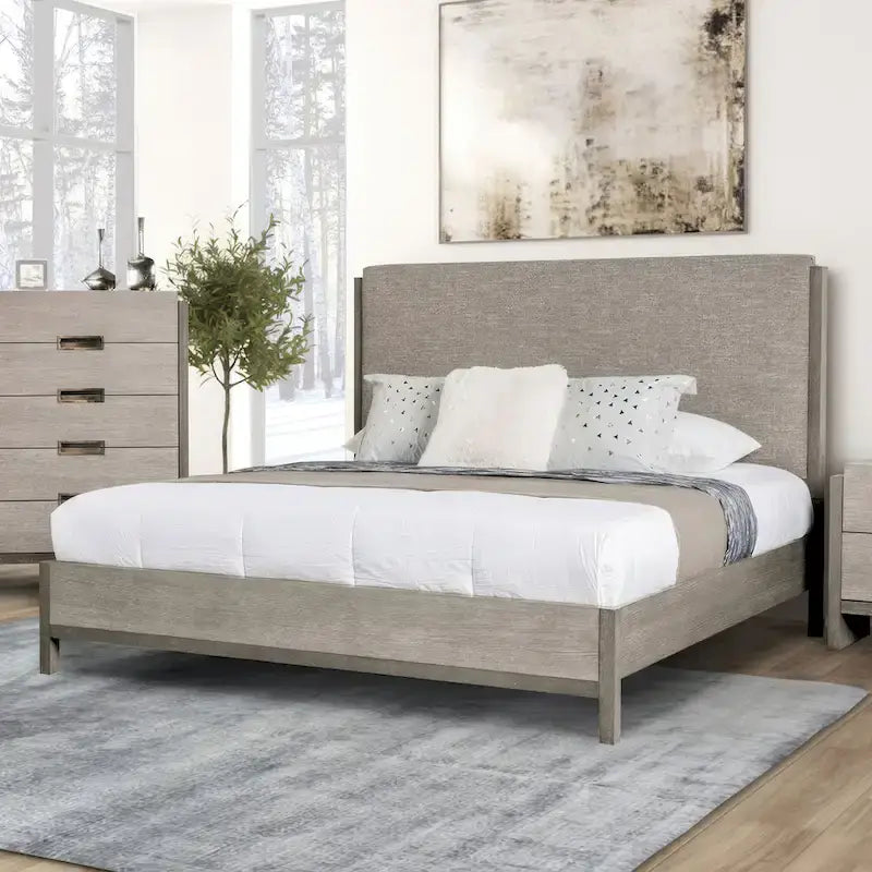 Ensemble de chambre Furniture of America Cruz contemporain gris en bois massif 6 pièces : lit, 2 tables de nuit, commode, coiffeuse et miroir
