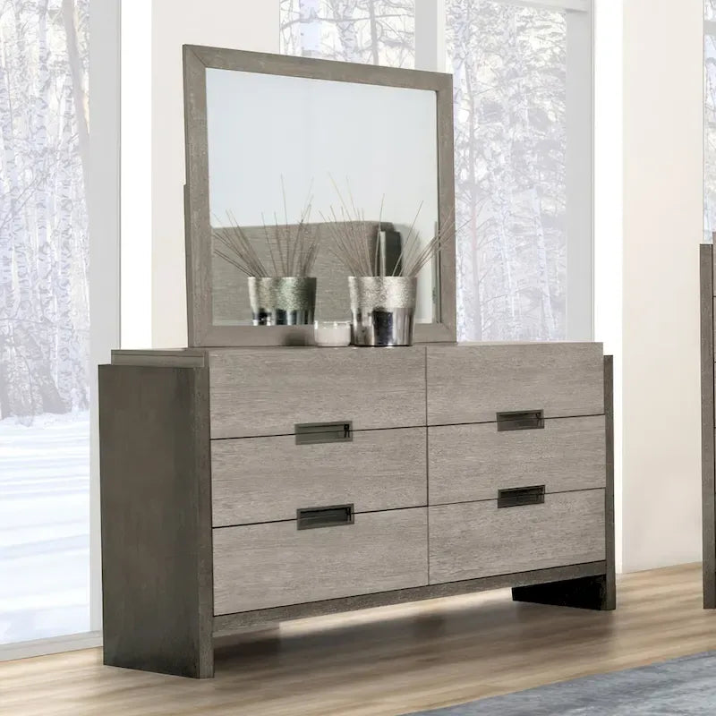 Ensemble de chambre Furniture of America Cruz contemporain gris en bois massif 6 pièces : lit, 2 tables de nuit, commode, coiffeuse et miroir