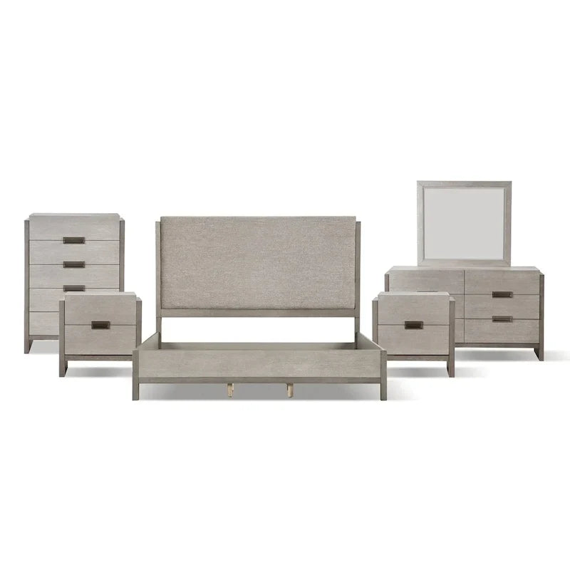 Ensemble de chambre Furniture of America Cruz contemporain gris en bois massif 6 pièces : lit, 2 tables de nuit, commode, coiffeuse et miroir