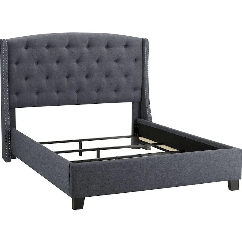 Lit King Size Elle, profil bas, tête de lit capitonnée, gris