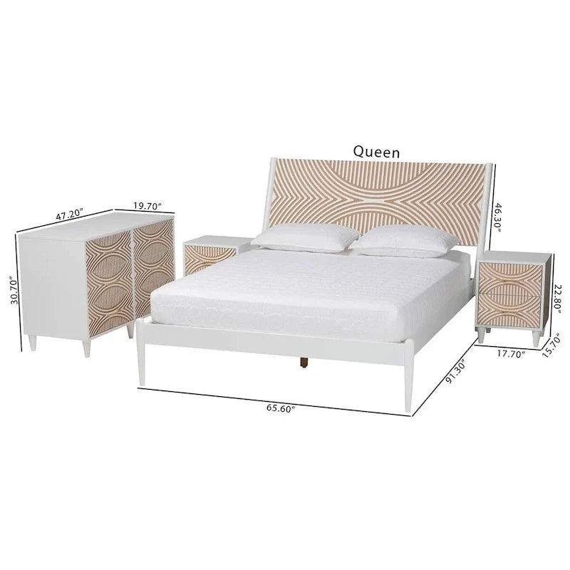 Ensemble de chambre Louetta Coastal White avec détails sculptés et contrastés (3 ou 4 pièces, plusieurs tailles de lit)