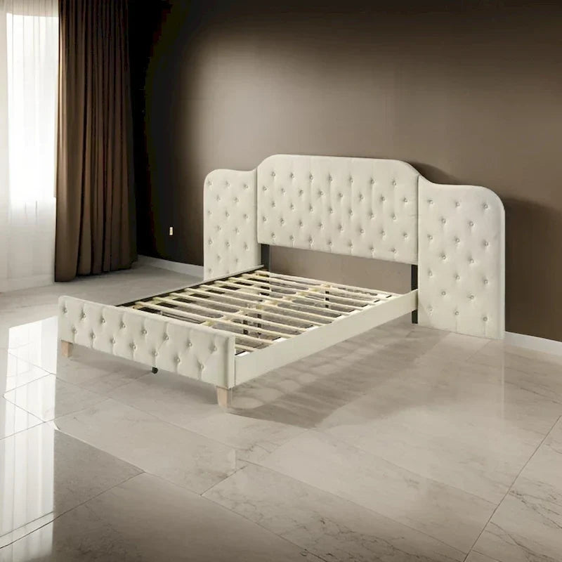 Lit Queen Size Ronny Inch, tête de lit murale, revêtement en lin touffeté beige