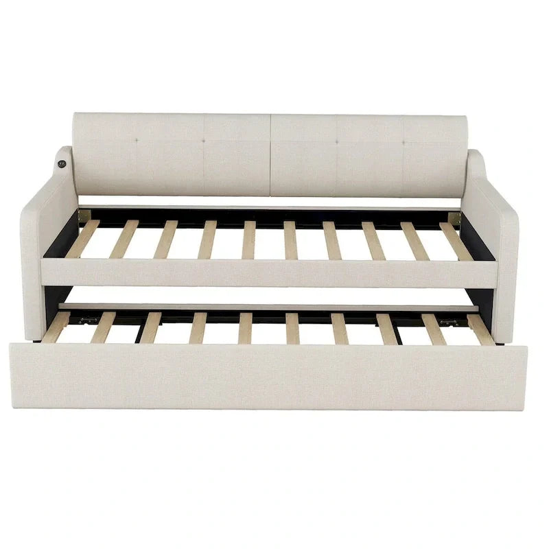 Lit de repos capitonné Twin avec lit gigogne et port de charge USB, le lit gigogne pouvant être à plat ou relevé et dossier capitonné