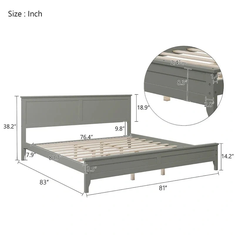 Lit plateforme King Size en bois avec tête et pied de lit, support à lattes en bois