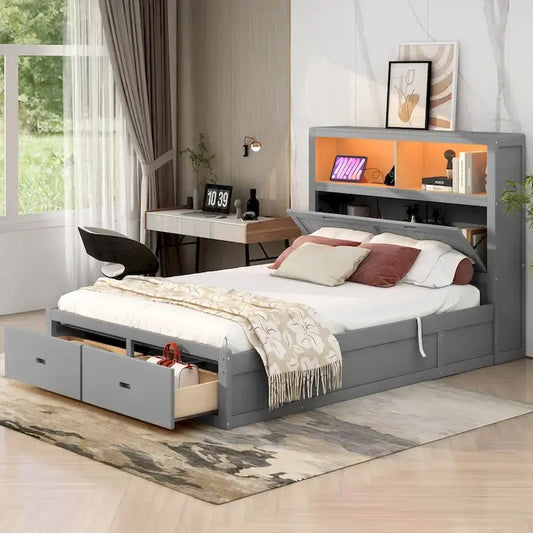 Lit plateforme hydraulique Queen Size en bois avec LED et station de recharge