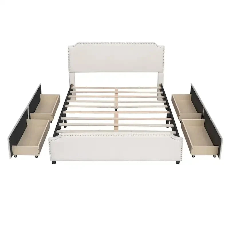 Lit plateforme capitonné en velours, avec tête de lit et pied de lit ornés de clous, 4 tiroirs de rangement intégrés, pas besoin de sommier.