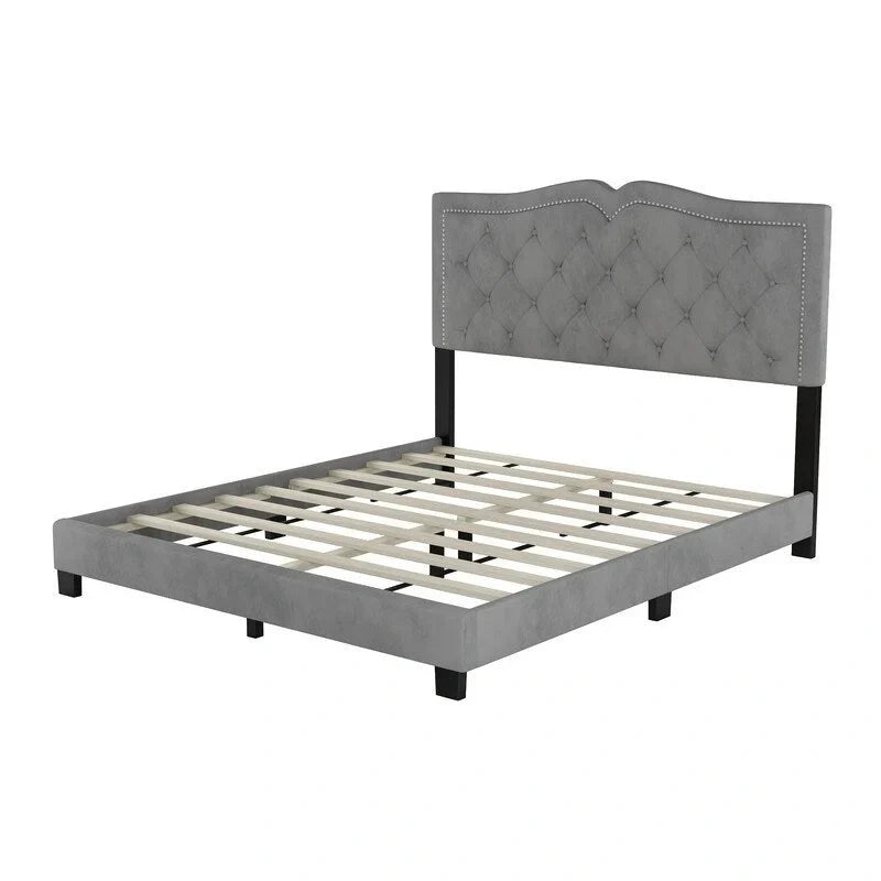 Cadre de lit tapissé Queen Size avec design riveté, lit plateforme moderne en velours avec tête de lit capitonnée