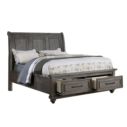 Lit traîneau avec 2 tiroirs de rangement en chêne gris antique
