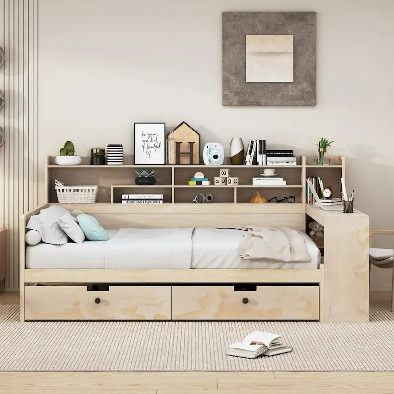 Lit de repos double en bois avec étagères de rangement