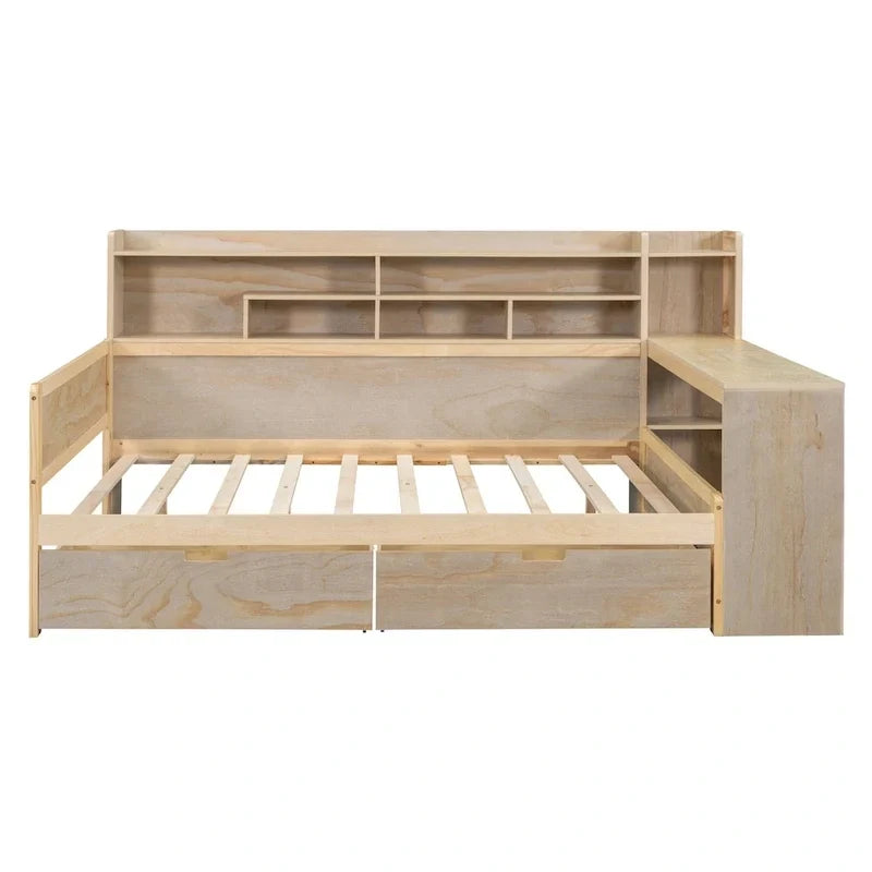 Lit de repos double en bois avec étagères de rangement