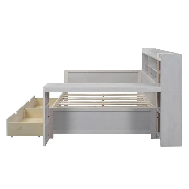 Lit de repos double en bois avec étagères de rangement