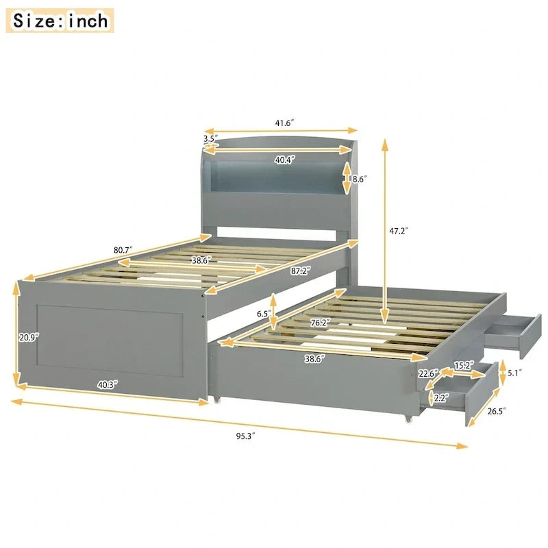 Lit plateforme Twin XL avec rangement et tête de lit LED, station de charge, lit gigogne simple et 2 tiroirs