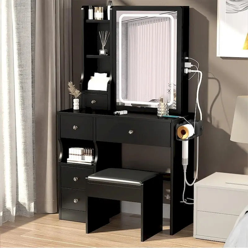 Coiffeuse de Maquillage à Tiroir Gauche avec Miroir LED, Station d'Alimentation USB et Tabouret Rembourré