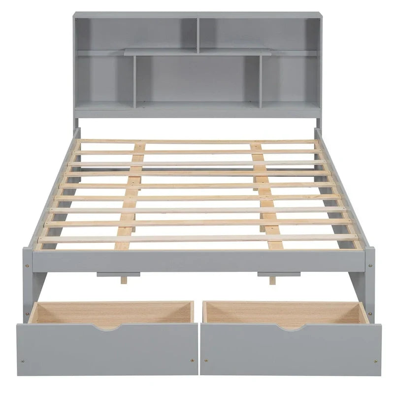 Lit plateforme Queen Size avec tête de lit de rangement et 2 tiroirs