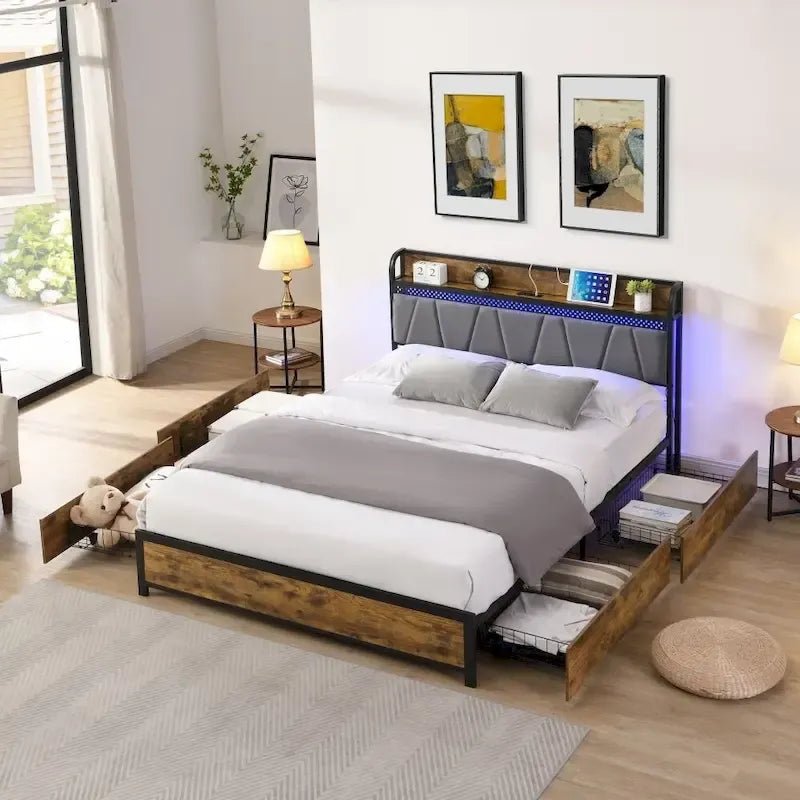 Tête de lit de rangement avec station de recharge et 4 tiroirs de rangement