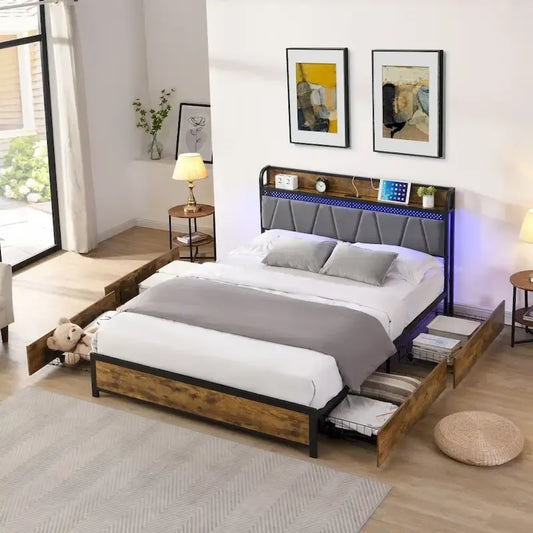 Tête de lit de rangement avec station de recharge et 4 tiroirs de rangement