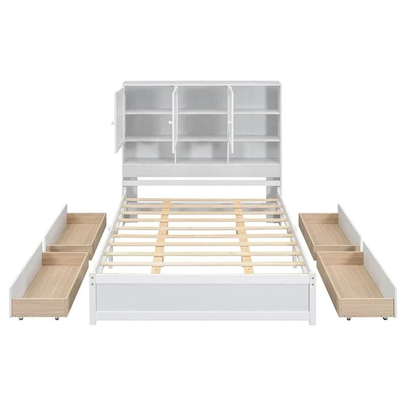Lit plateforme Queen Size avec tête de lit de rangement et 4 tiroirs