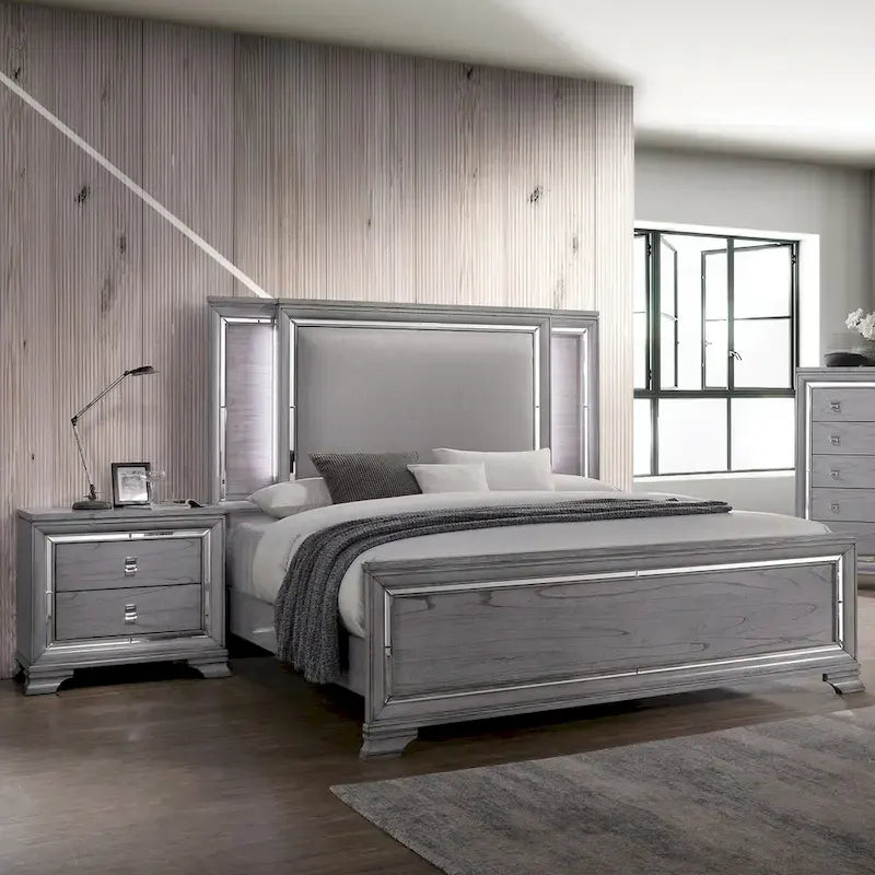 Ensemble lit panneau et table de chevet contemporains 2 pièces Taia gris avec LED Furniture of America