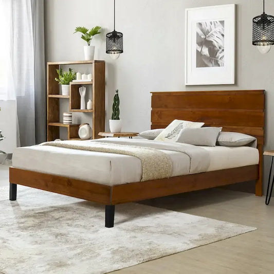 Cadre de Lit en Bois Massif Style Mid-Century Modern Lit Plateforme Queen Size avec Tête de Lit en Trois Parties, Aucun Sommier Tapissier Requis, Marron