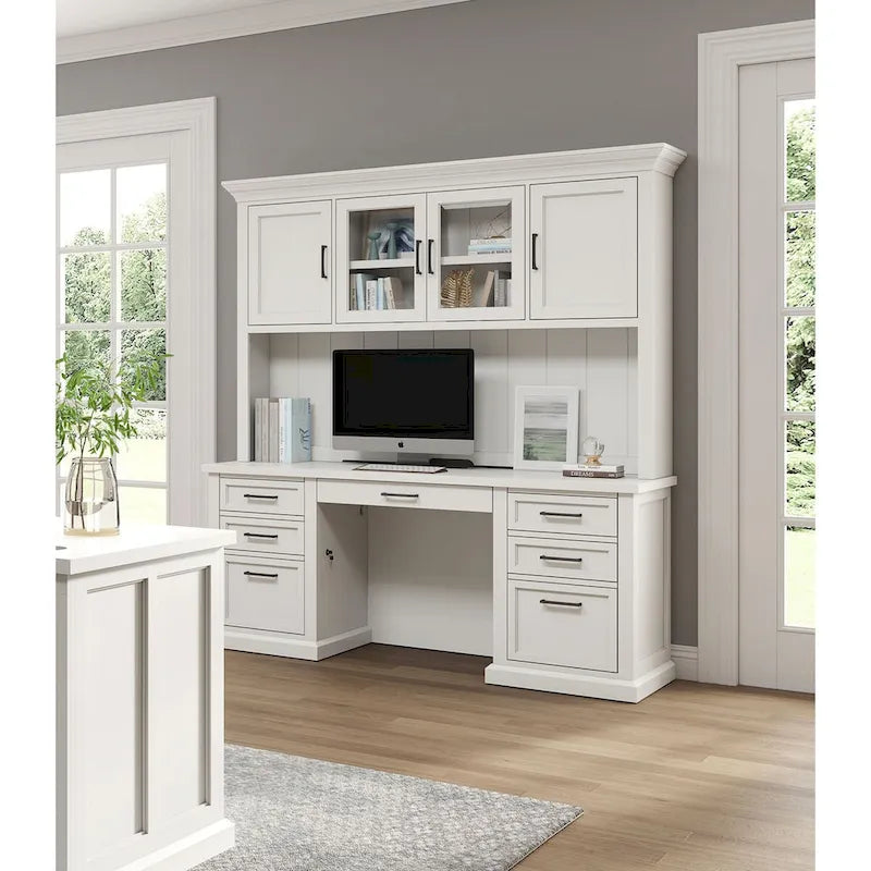 Vaisselier moderne en bois avec portes et bureau, vaisselier de rangement et crédence, rangement de bureau, entièrement assemblé, blanc