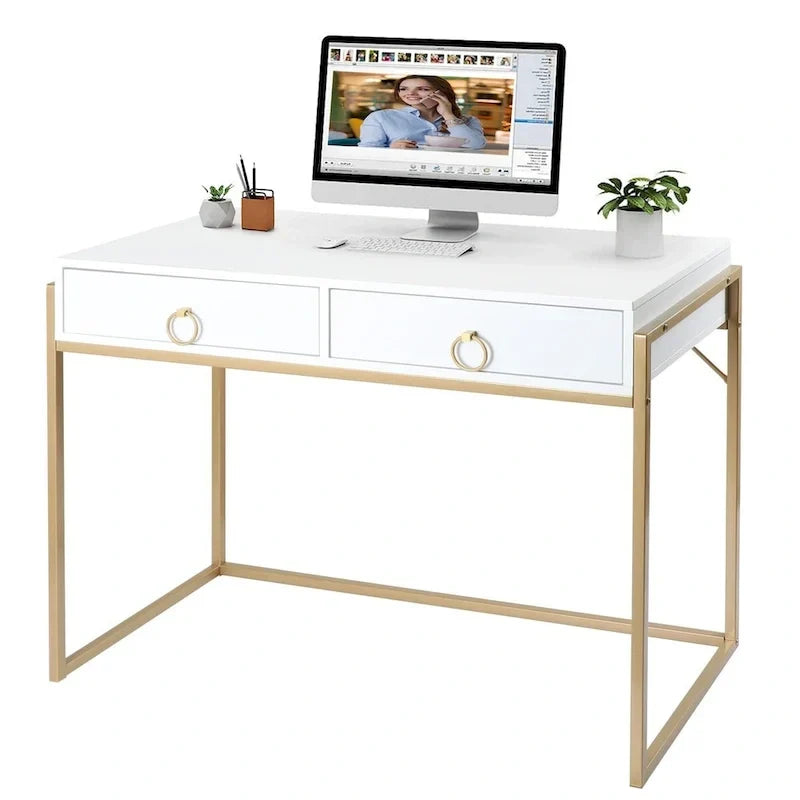 Anmytek Bureau informatique moderne blanc et or Table de toilette Table d'étude avec 2 tiroirs pour le bureau à domicile