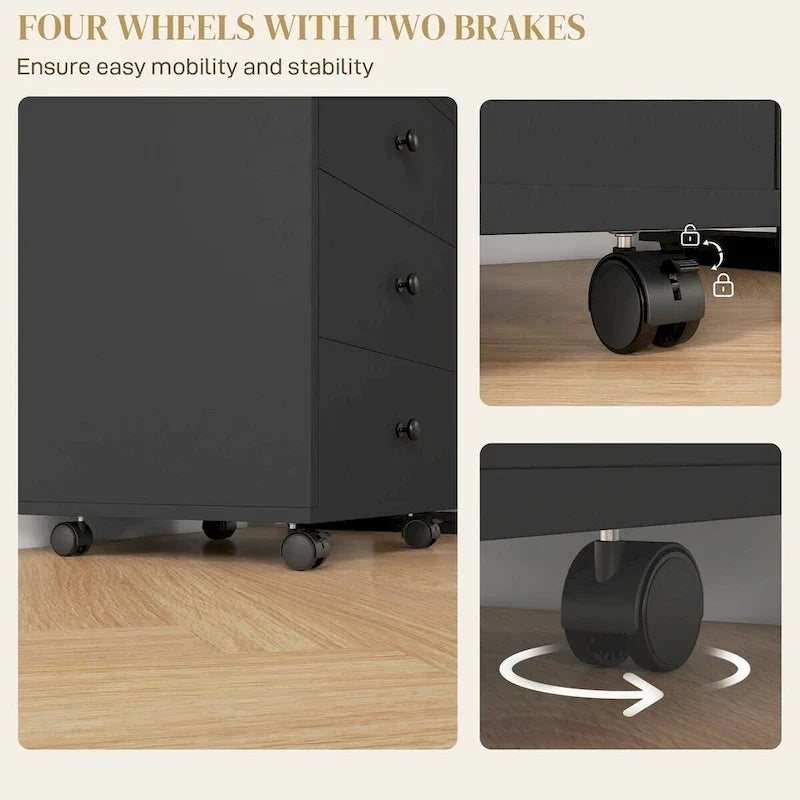 Meuble de rangement de bureau HOMCOM à 3 tiroirs, tiroir de bureau sur roulettes avec plateau amovible, support d'imprimante sous bureau avec rangement