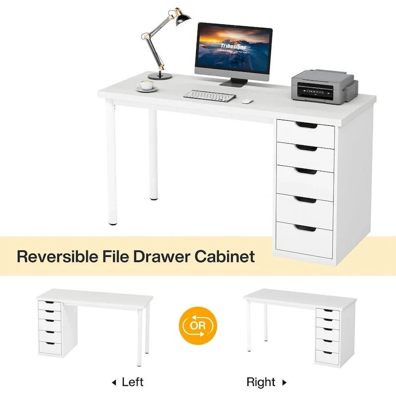 Bureau d'ordinateur en bois de 47 pouces avec 5 tiroirs, bureau d'écriture avec cadre en métal pour chambre à coucher ou bureau