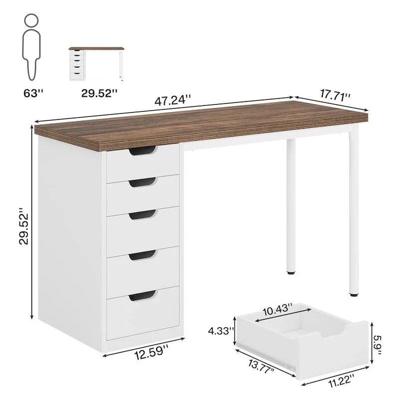 Bureau d'ordinateur en bois de 47 pouces avec 5 tiroirs, bureau d'écriture avec cadre en métal pour chambre à coucher ou bureau