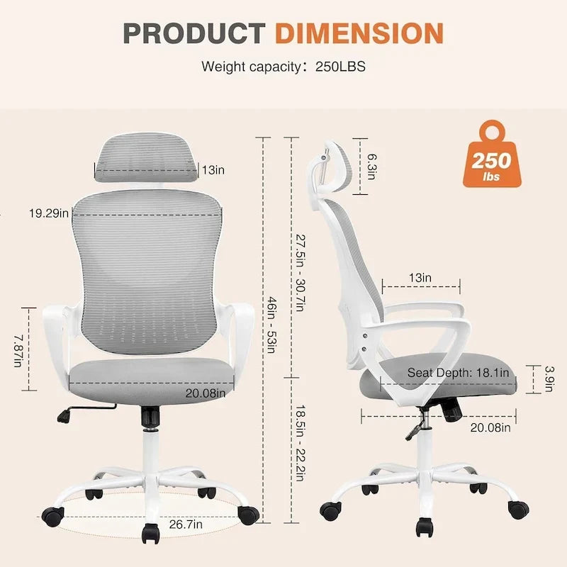 Chaise de bureau ergonomique, Chaise de bureau à dossier haut avec appui-tête, Chaise d'ordinateur pivotante en maille pour bureau à domicile Chaises de bureau