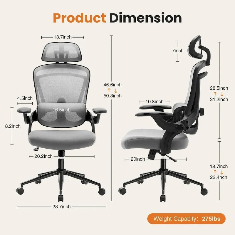Chaise de bureau à dossier haut avec support lombaire et appui-tête réglables