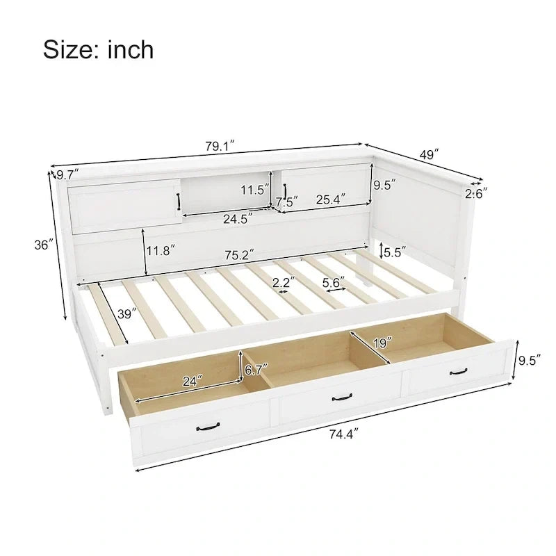 Cadre de lit d'angle en L avec tiroir, bibliothèque, spot LED et port USB