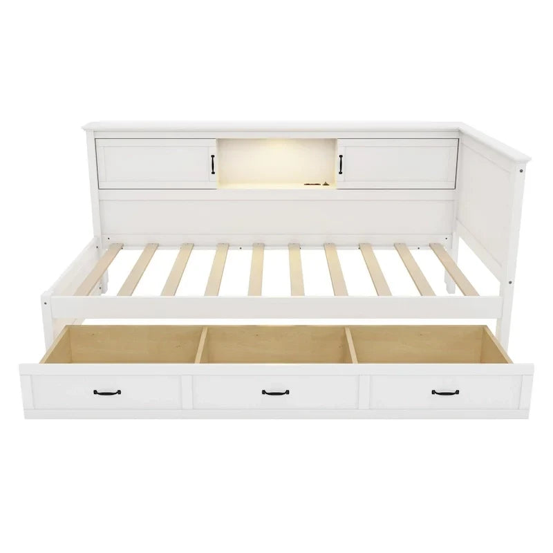 Cadre de lit d'angle en L avec tiroir, bibliothèque, spot LED et port USB