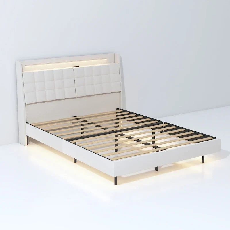 Lit flottant KingSize avec rangement dans la tête de lit et lumières LED RVB, beige