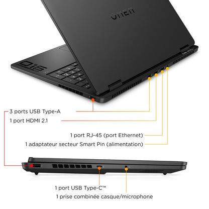 PC portable Hp gaming Omen Slim 16-an0022nf 16" 60-240 Hz Intel® Core™ Ultra 7 32 Go RAM 1 To SSD Nvidia GeForce RTX™ 5070 Noir céleste et chromé